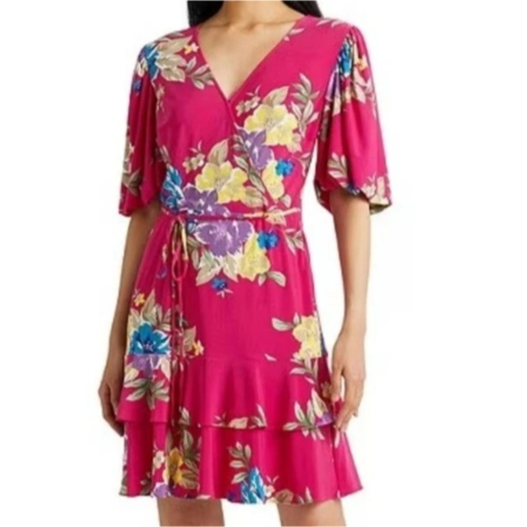 Lauren Ralph Lauren Pink Floral Ruffle Hem Dress Size 6 New Women's Party